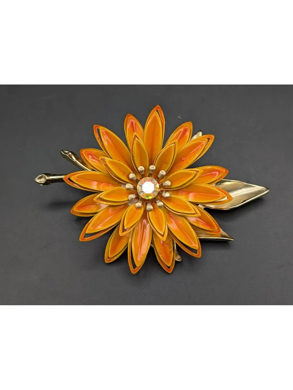 Vintage 60s Enamel Flower Brooch Orange Yellow 3D Daisy Pin AB Rhinestone 3.75